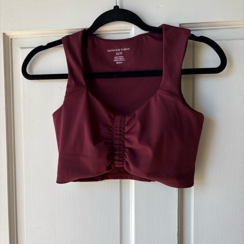 Girl gym workout ruffle sports bra Harmony & Balance Burgundy Crop Top sooo cute